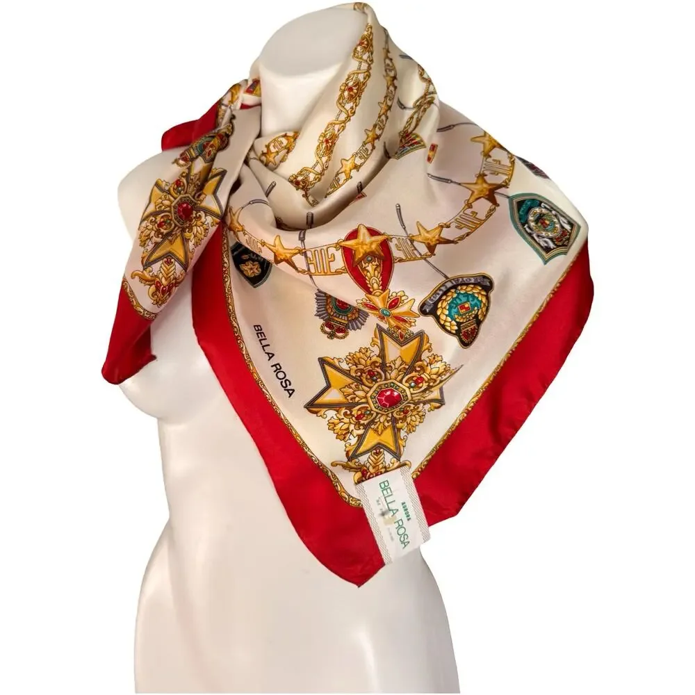 Vintage Bella Rosa Silk Scarf NWT Heraldic Medallion Crest Print 1980s Red 31x31